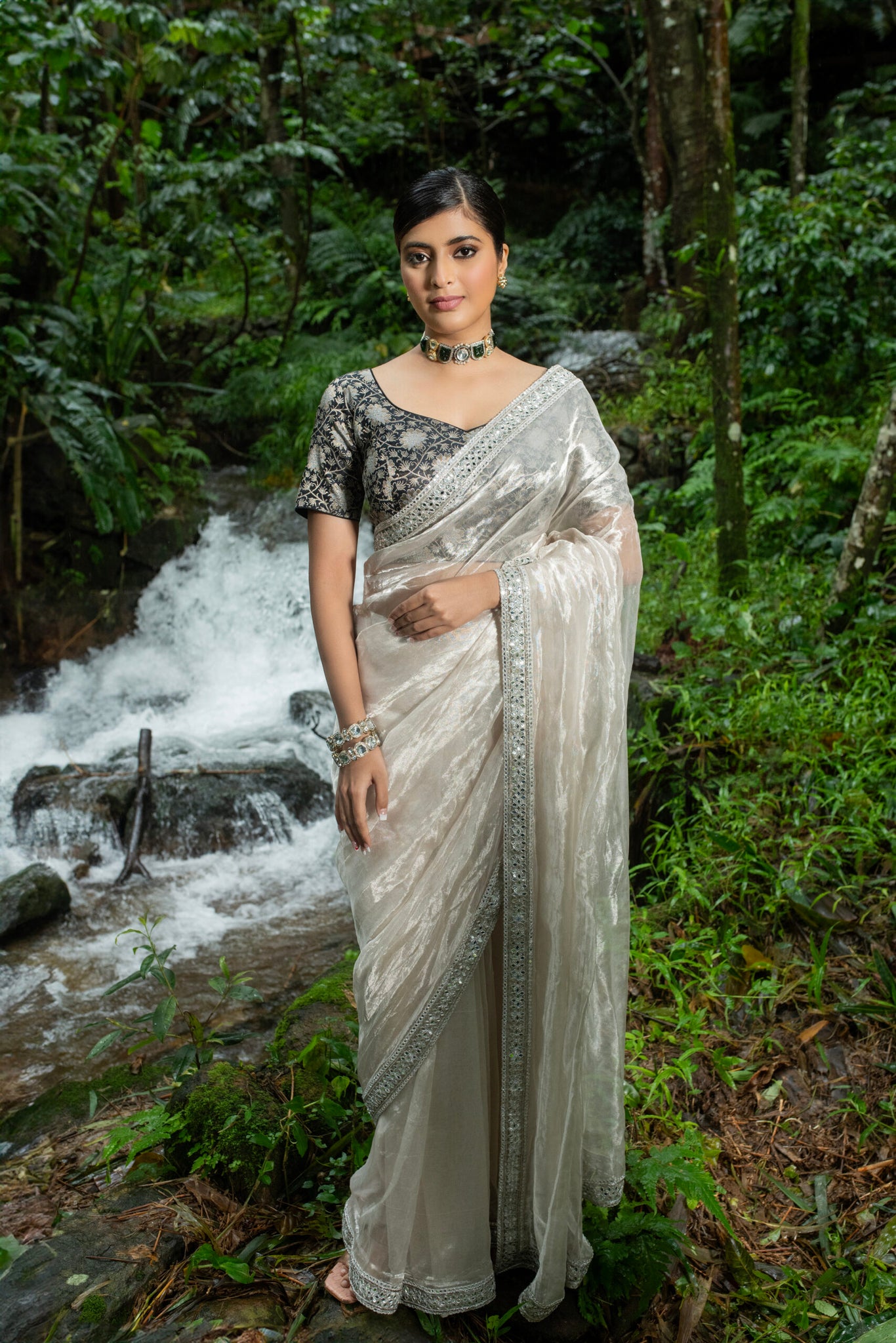 Silver Saree In Tissue Organza