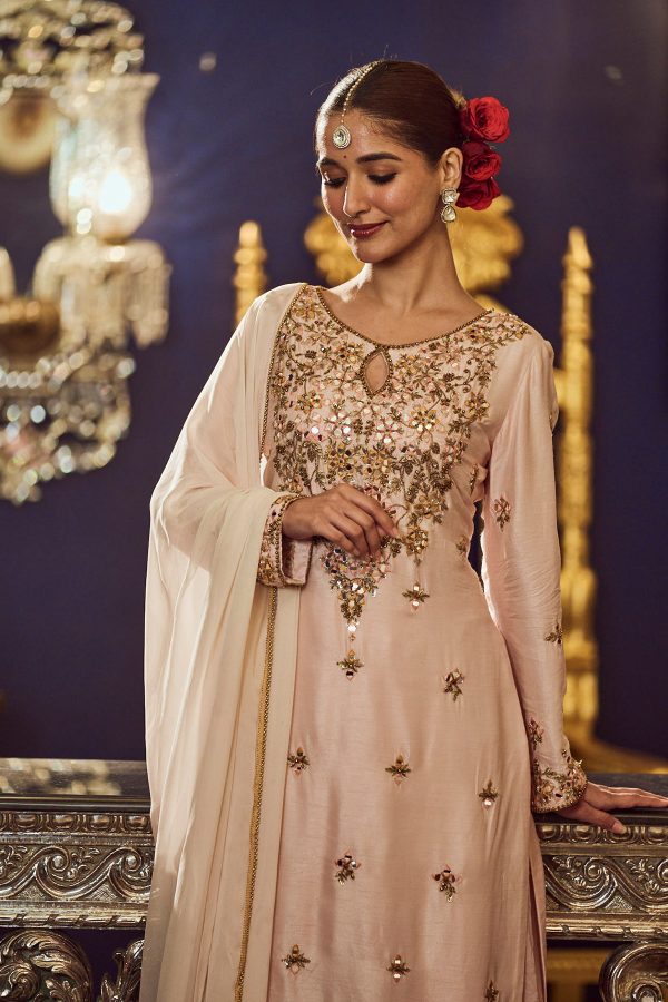 Pastel pink hand embroidered Kurta in silk and sharara in georgette