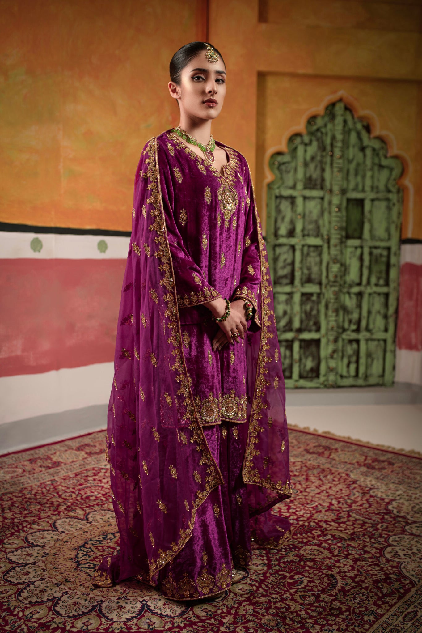 Purple Pink Velvet Set With Full Gold Handwork