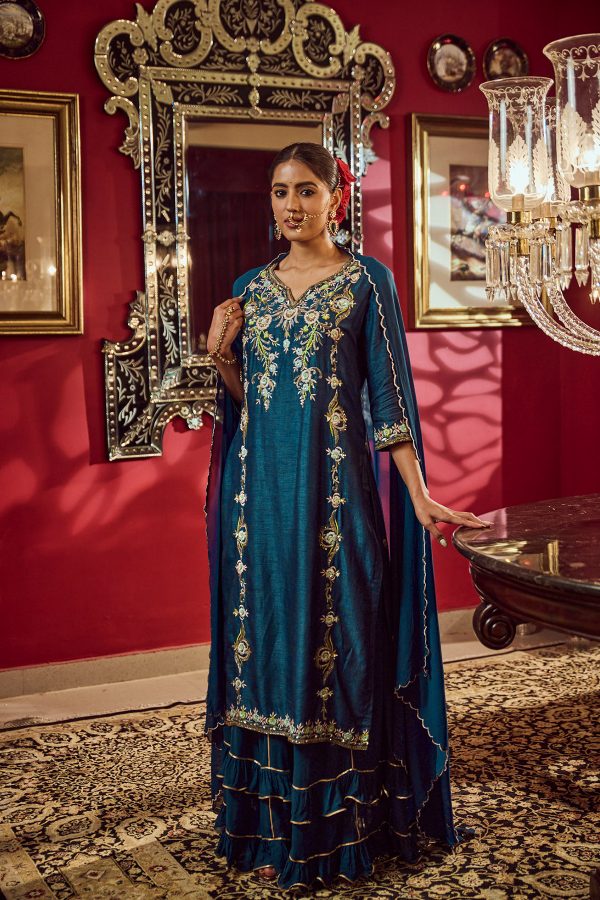 Teal Blue Long Velvet Suit With Salwar Fully Gold Handwork
