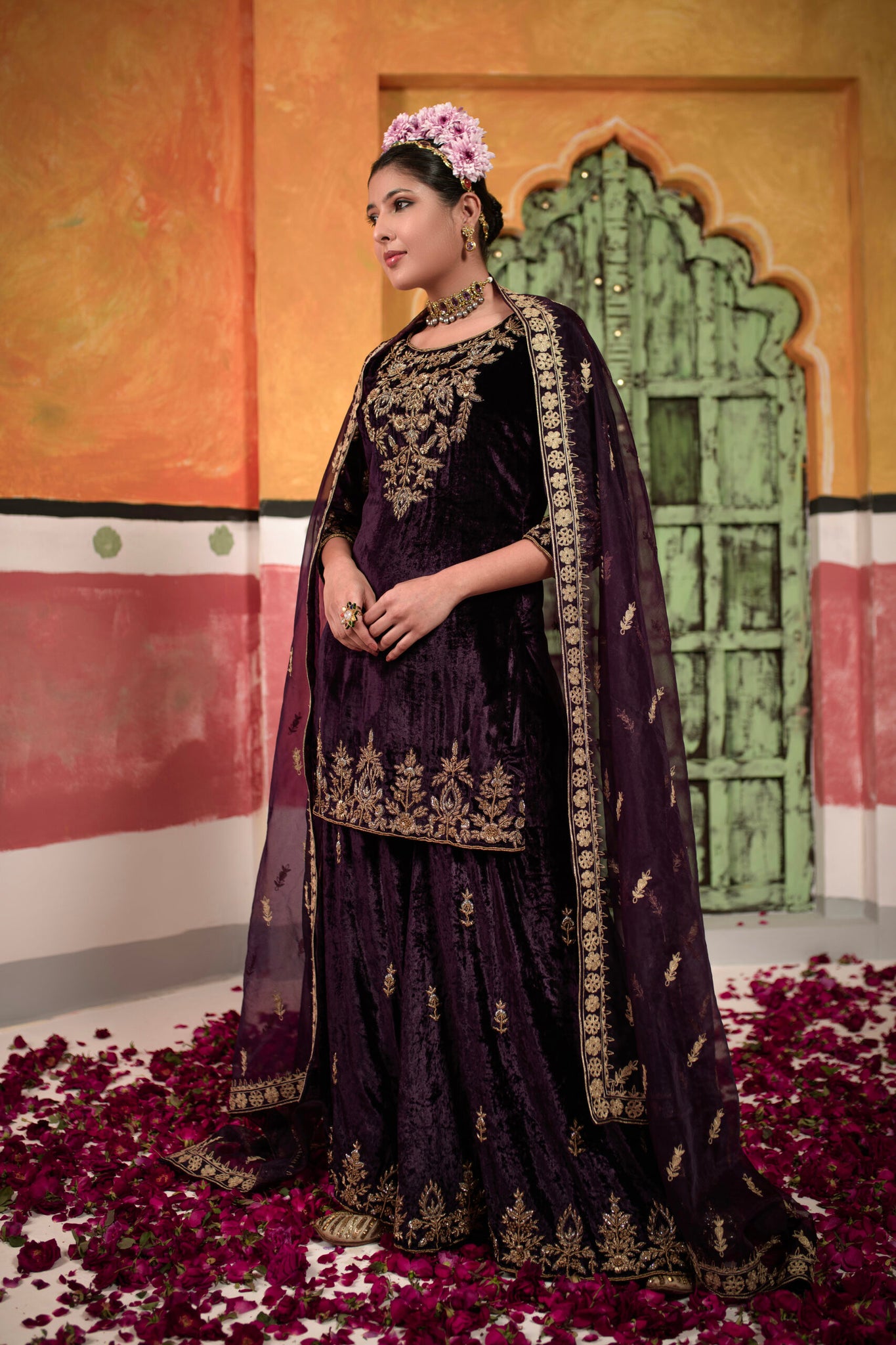 Velvet Dark Purple Short Suit With Sharara Fully Gold Handwork
