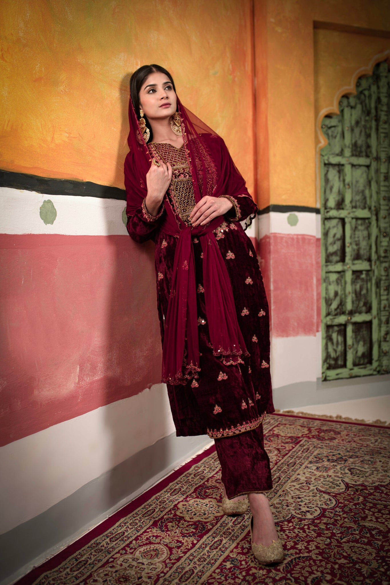 Velvet Maroon Long Suit With Pant
