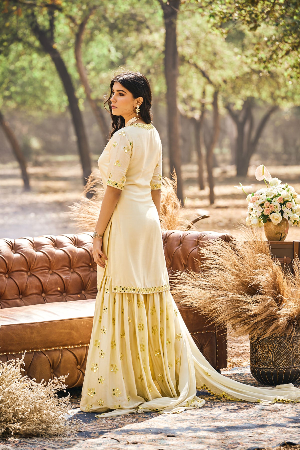 Yellow mirror work KURTA AND Sharara IN SILK with dupatta