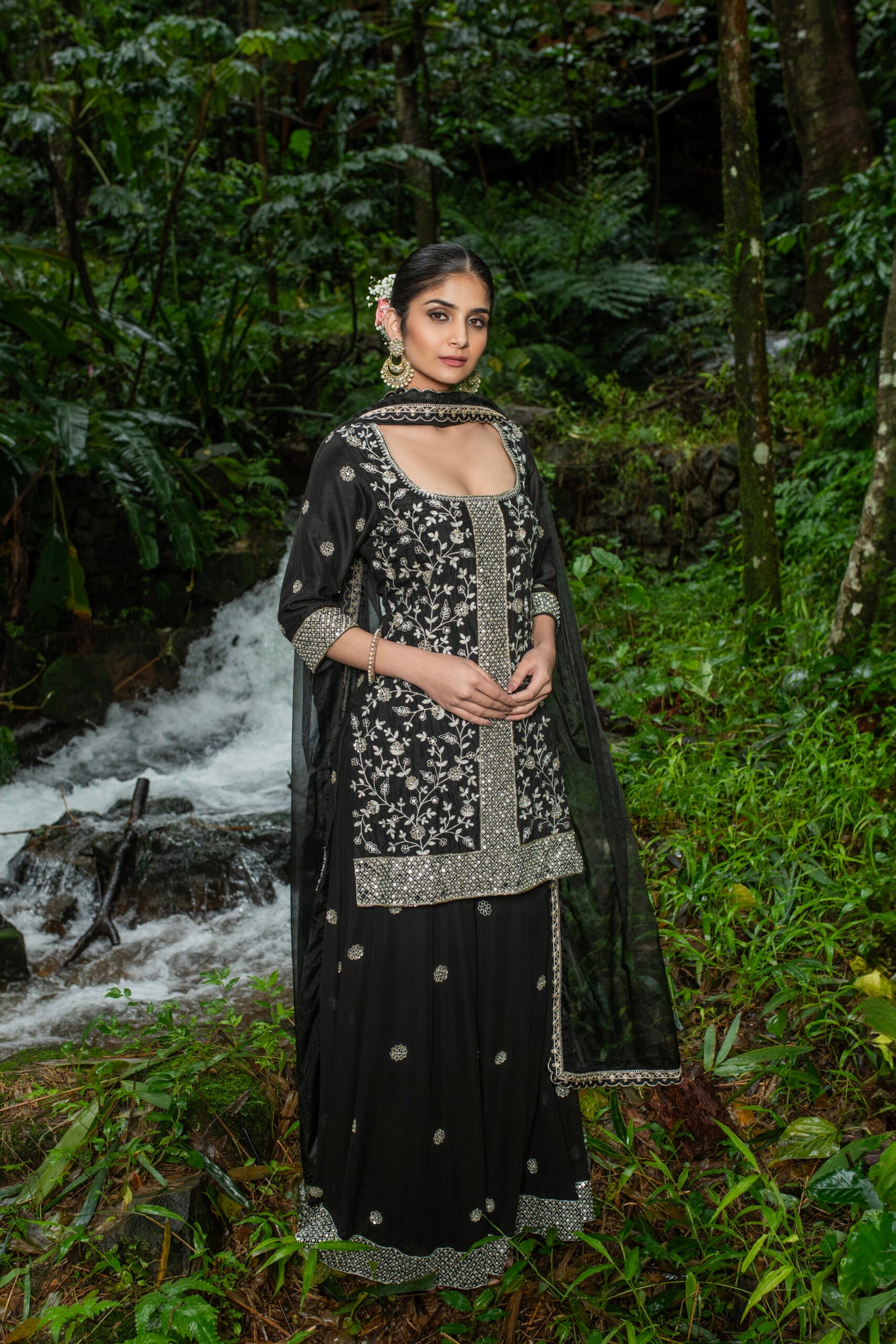 Black Short Suit With Sharara Full Handwork