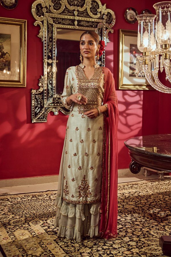 Grey hand embroidered Kurta in silk and sharara in georgette