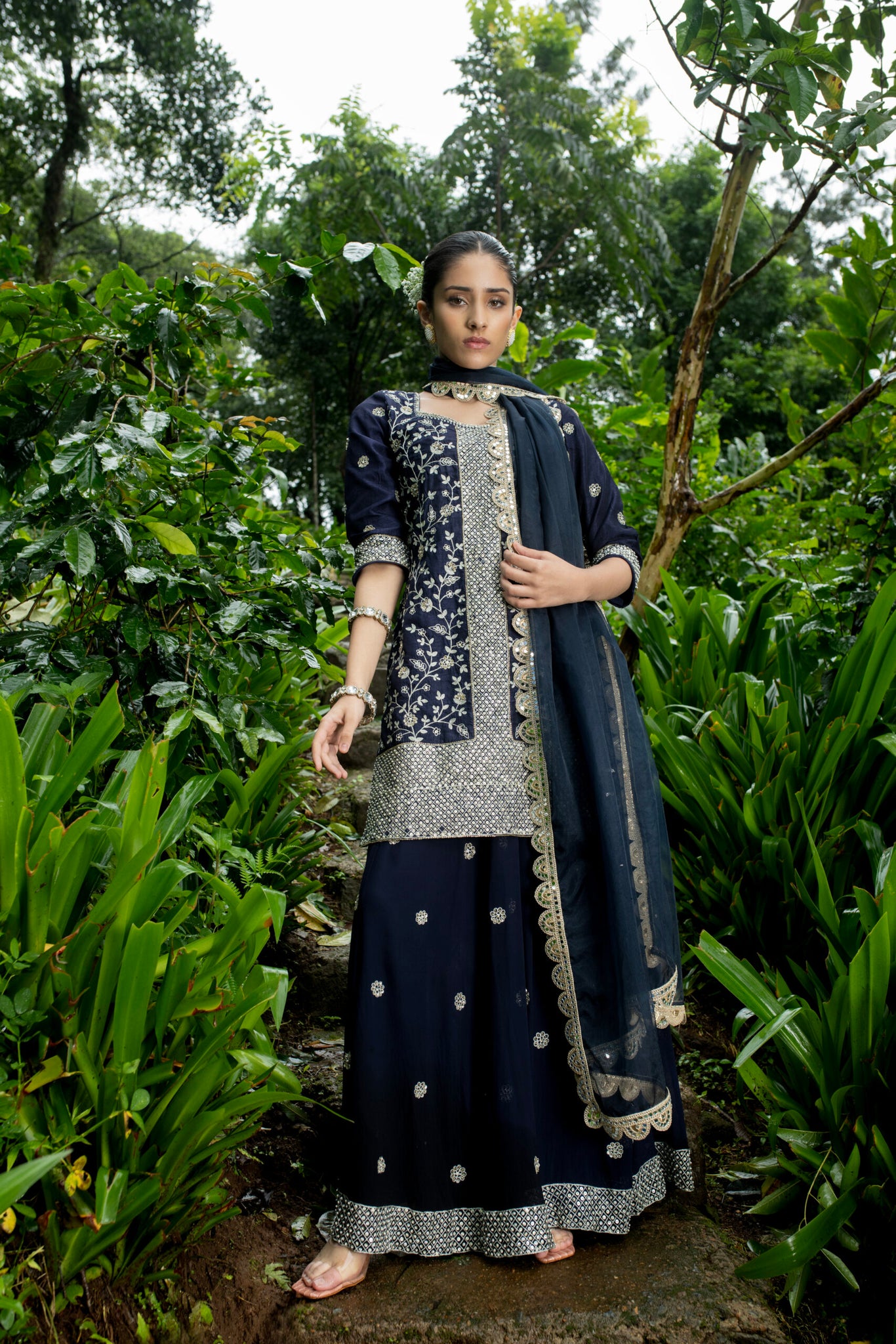 Navy Blue Short Suit With Sharara Full Handwork