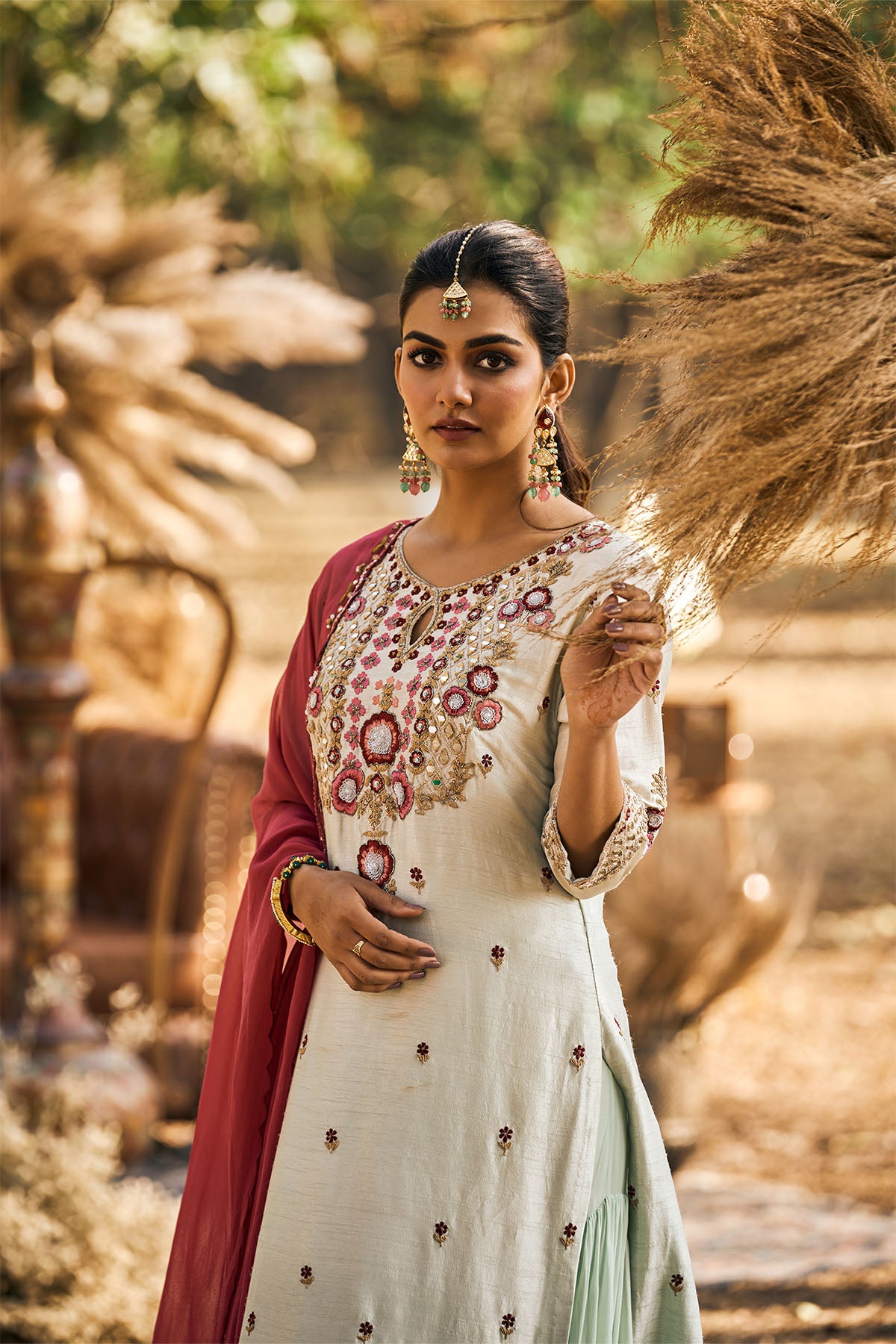 Mint green embroidered with Sharara and dupatta in georgette