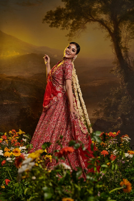 Red hand embroidered lehenga in silk and hand embroidered