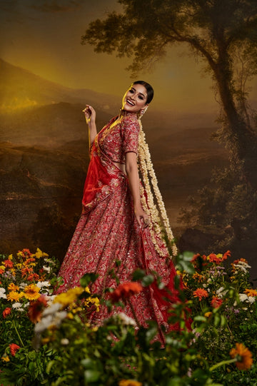 Red hand embroidered lehenga in silk and hand embroidered