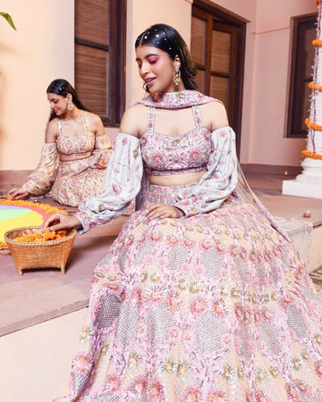Fully Hand Embroidered Lehenga in Silk with Puffed Sleeves