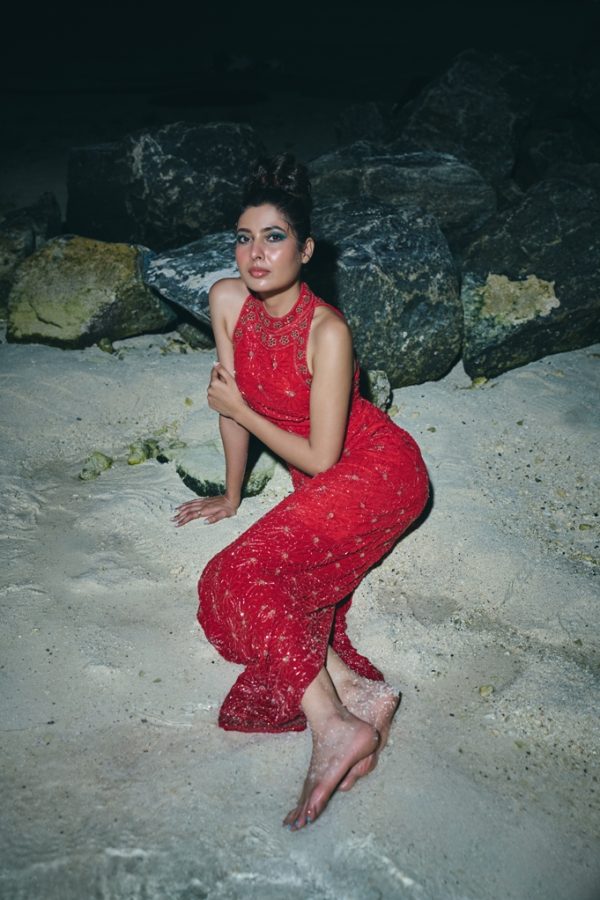 Red Halter neck embroidered tail gown in georgette