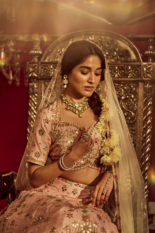 Pink hand embroidered silk lehenga set