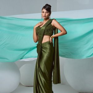 Green pre-drape saree IN SATIN with beaded blouse