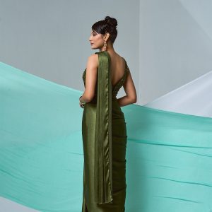 Green pre-drape saree IN SATIN with beaded blouse