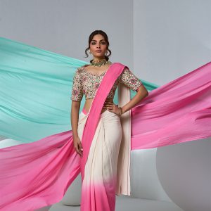 Ombré pink and white pre-drape saree with embroidered blouse