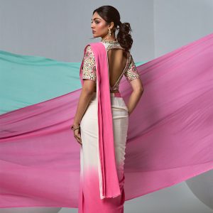 Ombré pink and white pre-drape saree with embroidered blouse