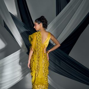 Mustard Beaded georgette and organza ruffle pre-drape saree with satin blouse