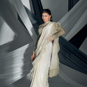 White GEORGETTE Organza ruffle saree with fully beaded blouse