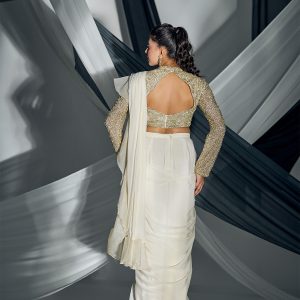 White GEORGETTE Organza ruffle saree with fully beaded blouse