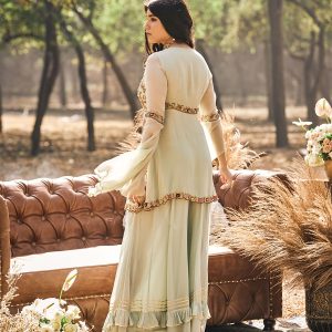 Mint green embroidered peplum with Sharara and dupatta in georgette