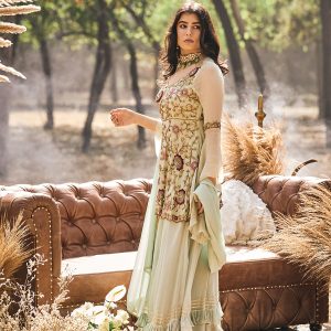 Mint green embroidered peplum with Sharara and dupatta in georgette