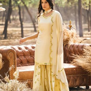 Yellow mirror work KURTA AND Sharara IN SILK with dupatta