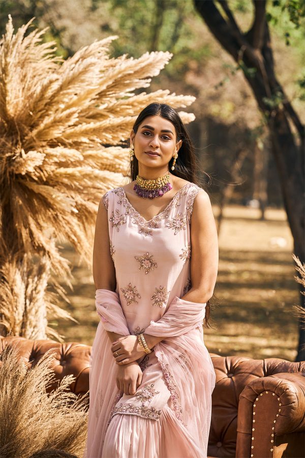 Pastel Pink  Embroidered suit set IN CREPE