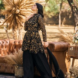 Black beaded peplum with Sharara and dupatta in georgette