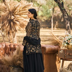 Black beaded peplum with Sharara and dupatta in georgette