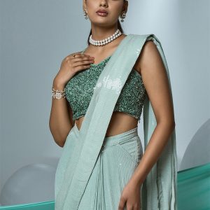 Mint green pre-drape saree IN SEQUIN with beaded blouse