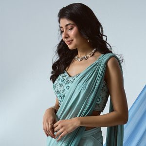 Ombre Green draped saree with beaded blouse in crepe