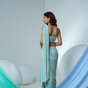 Ombre Green draped saree with beaded blouse in crepe