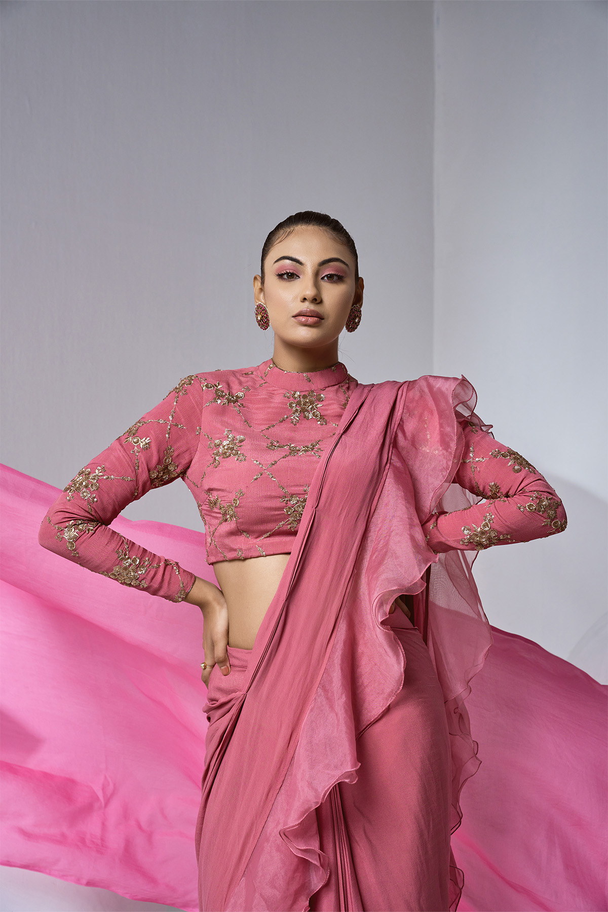 Pink Organza Ruffle Saree