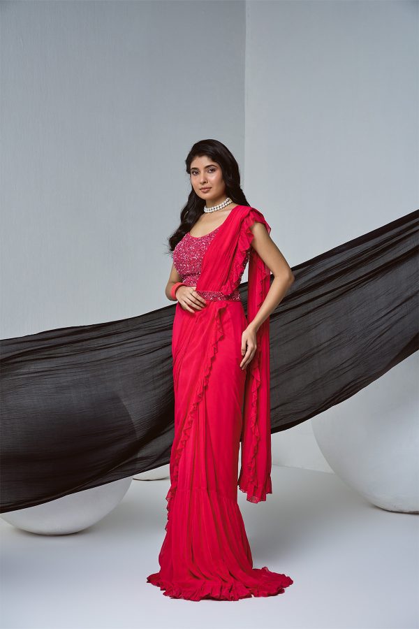 HOT Pink FRILL PRE-draped saree IN GEORGETTE with beaded blouse and belt