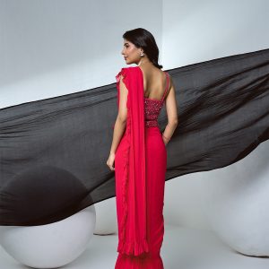 HOT Pink FRILL PRE-draped saree IN GEORGETTE with beaded blouse and belt