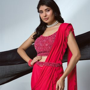 HOT Pink FRILL PRE-draped saree IN GEORGETTE with beaded blouse and belt