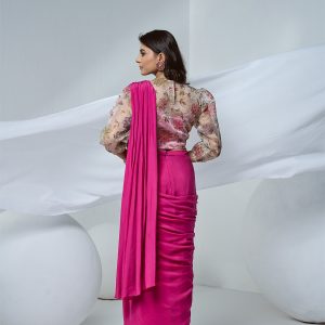 Pink PRE-draped saree IN GEORGETTE with organza blouse