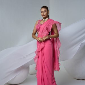 Pink Ruffle Saree in Crepe with Organza Frill and Beaded Blouse