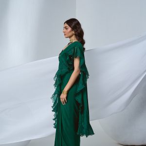 Green pre-drape saree georgette, organza ruffle with beaded blouse