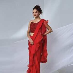 Red GEORGETTE organza ruffle pre-draped saree with sequin blouse