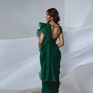 Green pre-drape saree georgette, organza ruffle with beaded blouse