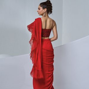 Red GEORGETTE organza ruffle pre-draped saree with sequin blouse