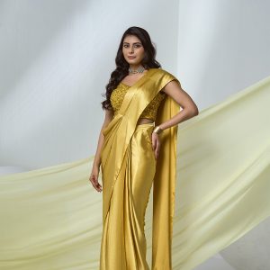 Mustard textured satin pre-draped saree with beaded blouse