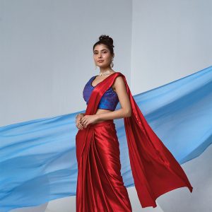 Red satin pre-draped saree with electric blue blouse