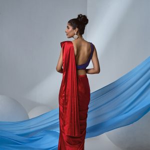 Red satin pre-draped saree with electric blue blouse