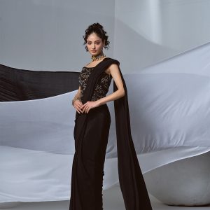 Black pre-draped saree with beaded corset in crepe