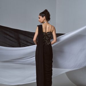 Black pre-draped saree with beaded corset in crepe