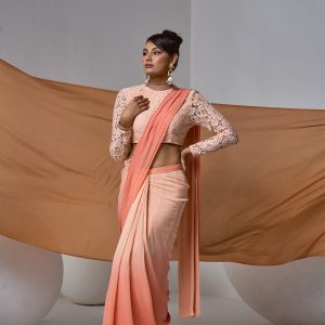 Peach Ombré pre-drape saree IN CREPE with lacy blouse