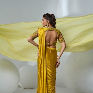 Mustard Satin pre-draped saree with embroidered blouse 