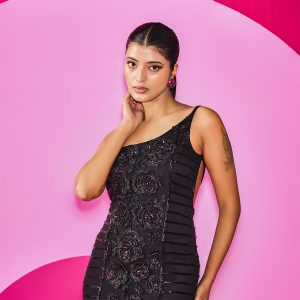 Black and wine fully embroidered gown in georgette